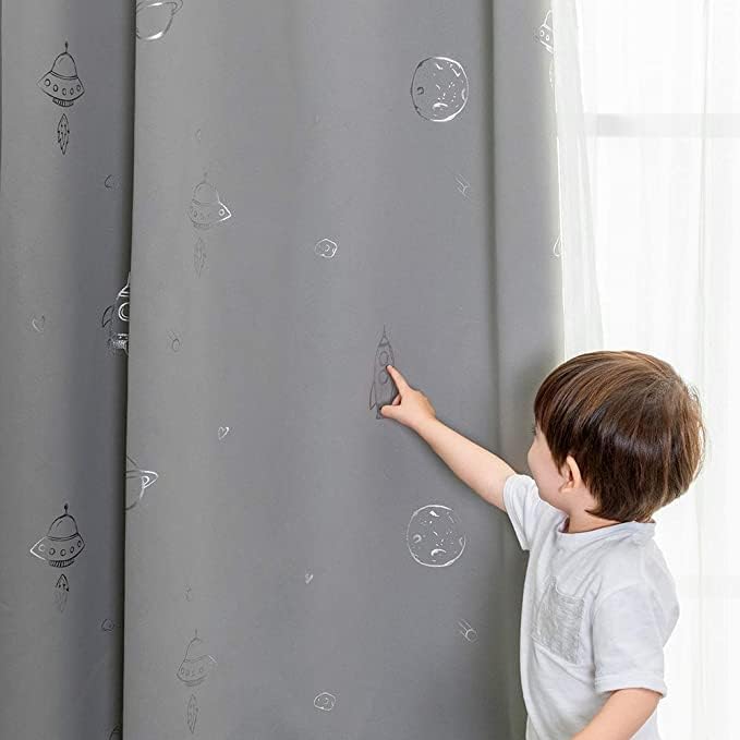Vangao Grey Kids Curtains for Boys Bedroom Space Theme Blackout Curtains for Kids Nursery Girls Room 63 Inches Length Silver Foil Print Drapes Grommet Top Window Treatments Set 2 Panels