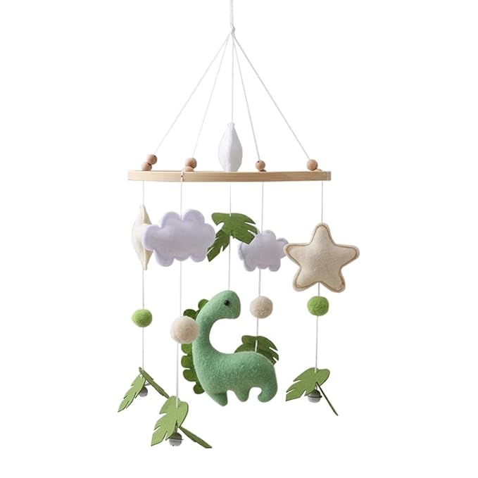 Dinosaur Baby Crib Mobile | Boys Nursery Decoration | Wooden Mobile for Crib | Dinosaur w/Bells Nursery Mobile Theme | Newborn Baby Stuff | Baby Shower Gift for Boys & Girls | Easy Assembly & Durable