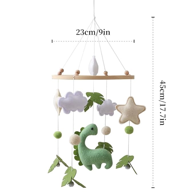 Dinosaur Baby Crib Mobile | Boys Nursery Decoration | Wooden Mobile for Crib | Dinosaur w/Bells Nursery Mobile Theme | Newborn Baby Stuff | Baby Shower Gift for Boys & Girls | Easy Assembly & Durable