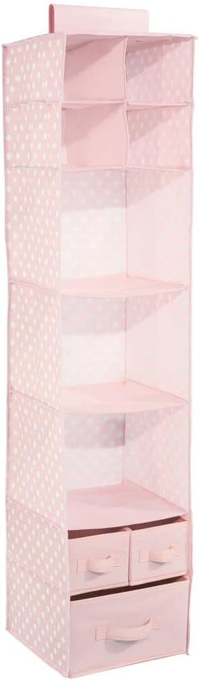 mDesign Fabric Hanging Organizer - Over Closet Rod Storage with 7 Shelves and 3 Removable Drawers for Baby Nursery Bedroom Organization - Holds Clothes, Toys, Accessories - Pink/White Polka Dot