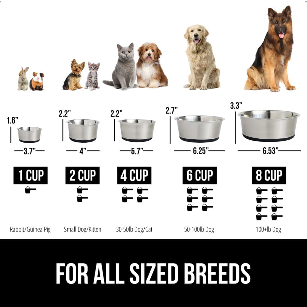 GORILLA GRIP Set of 2 Dog Bowls, Heavy Duty Metal Food and Water Bowl for Feeding Dogs and Cats, Dishwasher Safe, Rust Resistant Stainless Steel, BPA Free Rubber Base, Holds 1 Cup (8 fl oz), Black