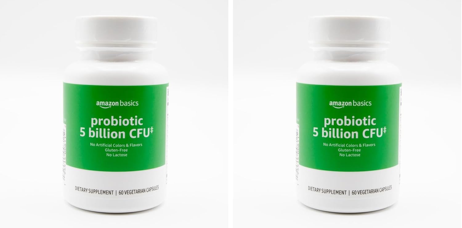 Amazon Basics Probiotic 5 Billion CFU, 8 Probiotic strains with 60 mg Prebiotic Blend, 60 Count Vegetarian Capsules, 2 Month Supply, Supports Healthy Digestion (Previously Solimo) (Pack of 2)