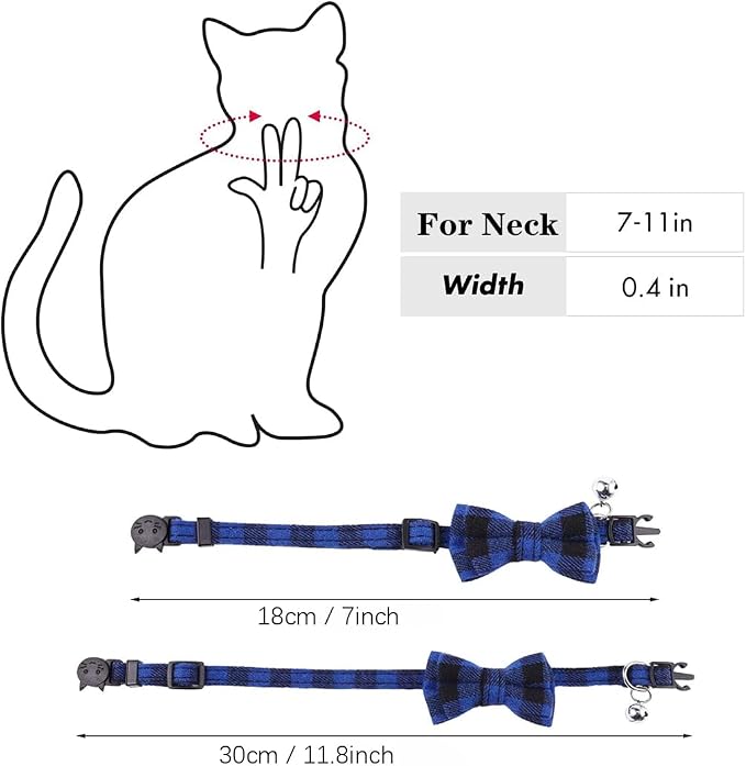 Blue Plaid Bow Dog Collar with Bell, Breakaway Cat Bell Collar with Bowtie - Image 4