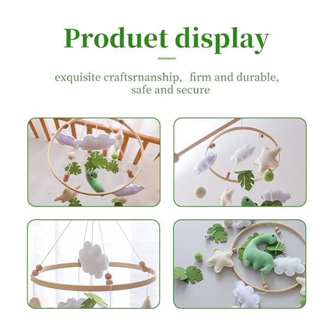 Dinosaur Baby Crib Mobile | Boys Nursery Decoration | Wooden Mobile for Crib | Dinosaur w/Bells Nursery Mobile Theme | Newborn Baby Stuff | Baby Shower Gift for Boys & Girls | Easy Assembly & Durable