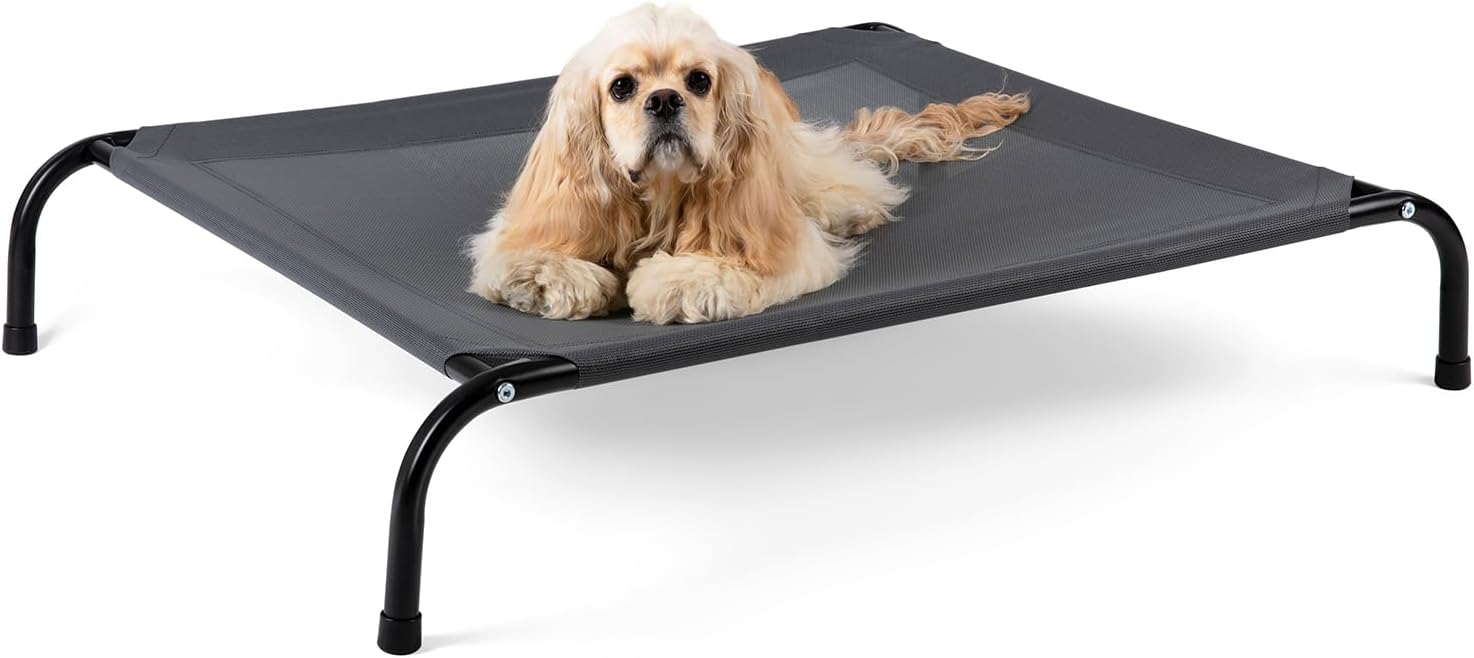 Cooling Elevated Dog Bed with Non-Slip Floor Protectors & Breathable Mesh, Raised Indoor & Outdoor Dog Cot Hammock, 41" L x 32" W x 8" Th, Medium, Grey