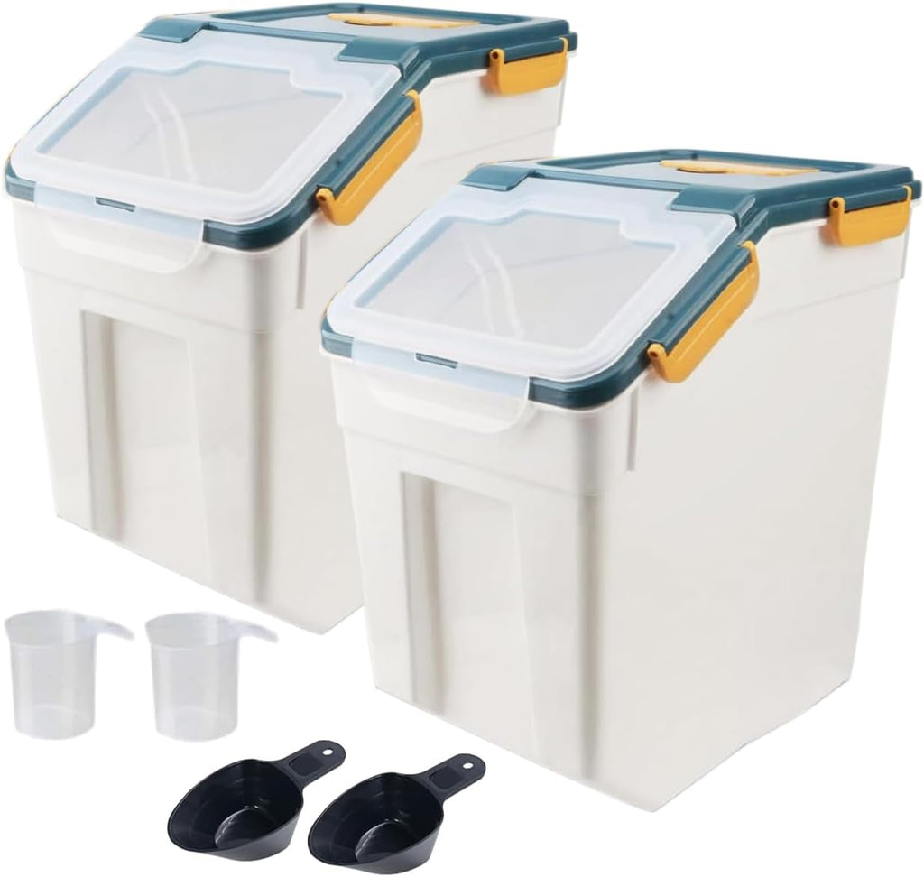 AnRui Rice Storage Container 50LB, Airtight Flour Storage Containers, Plastic Cereal Grain Dispenser Organizer Pet Food Storage Bin with Lid, Measuring Cup, Scoop, Blue, 2Pcs,Total Capacity:100LB