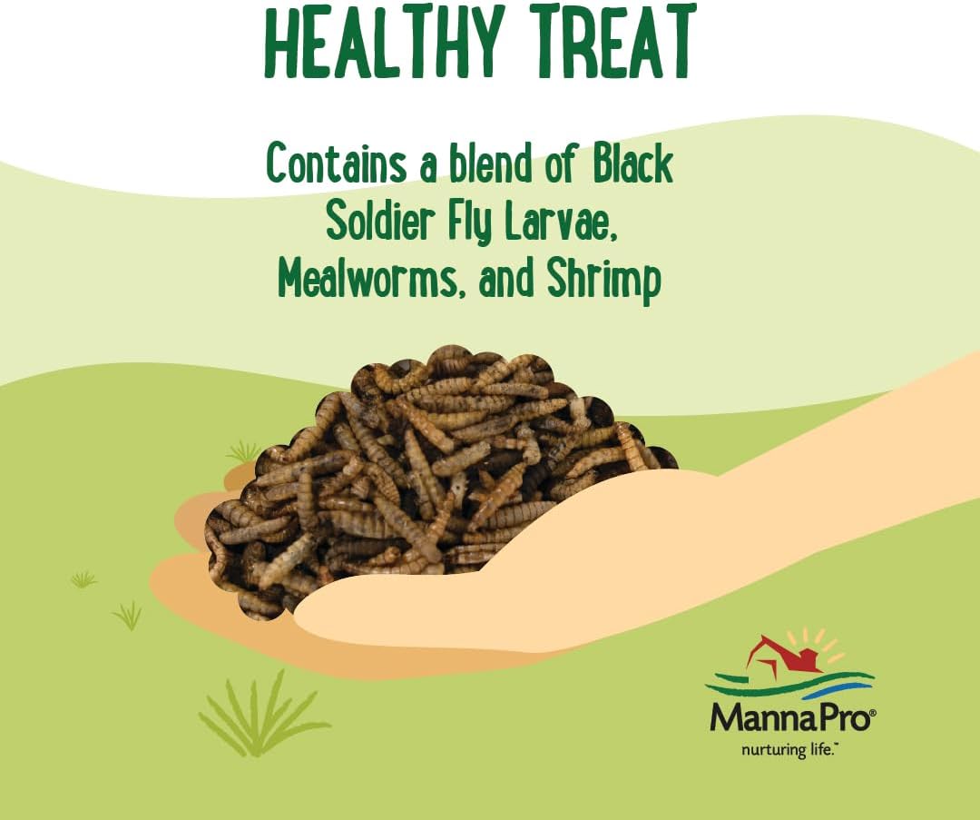 Manna Pro Farmhouse Favorites Critter Combo Crunch Bug Jug – Engaging Poultry Treat – Blend of Black Solider Fly Larvae, Mealworms & Shrimp – Great Source of Protein – Encourages Foraging – 25oz