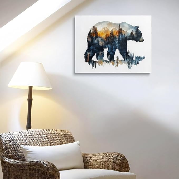 Woodland Bear Silhouette Canvas Wall Art - Framed Nature Painting Print, Mountain Forest Wildlife Wall Decor Artwork and Posters for Cabin, Living Room, Bedroom, Office (16x24 Inches)