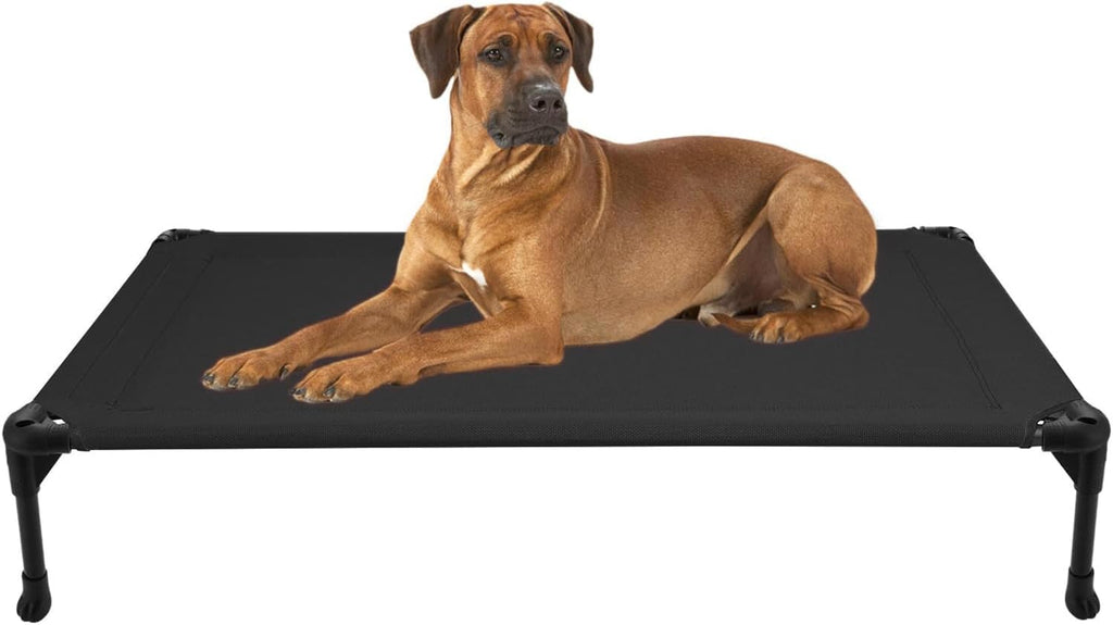Veehoo Outdoor Elevated Dog Cot Bed, Cooling Raised Pet Bed for Large Dogs, Washable Breathable Mesh Hammock Bed with No-Slip Feet, Indestructible Ground Off Training Platform Cot-42"x30" Black
