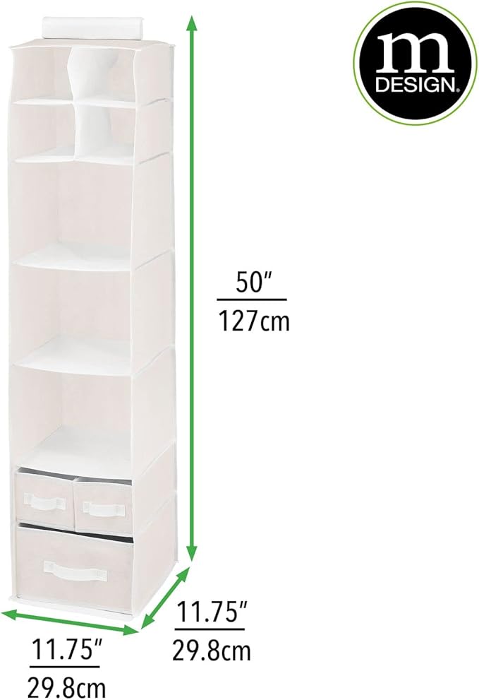 mDesign Fabric Hanging Organizer - Over Closet Rod Storage - 7 Shelves/3 Removable Drawers for Baby Nursery Bedroom Organization, Hold Clothes, Linens, Toys, Accessories, Jane Collection, Cream/White