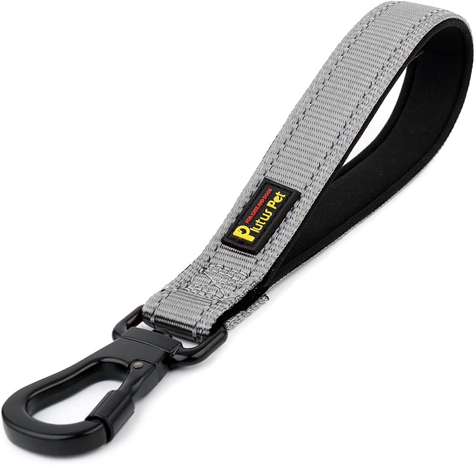 PLUTUS PET Short Dog Leash, Reflective Nylon Padded Handle, Strong Traffic Leash with Carabiner Clip, Perfect for Large or Medium Dogs (10”，Gray)