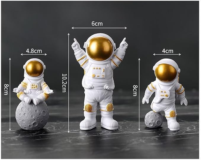 Gold White Astronaut Statues Set of 4, Spaceman Sculptures Figurines Space Theme Decor for Room Shelf Desk Cake Toppers