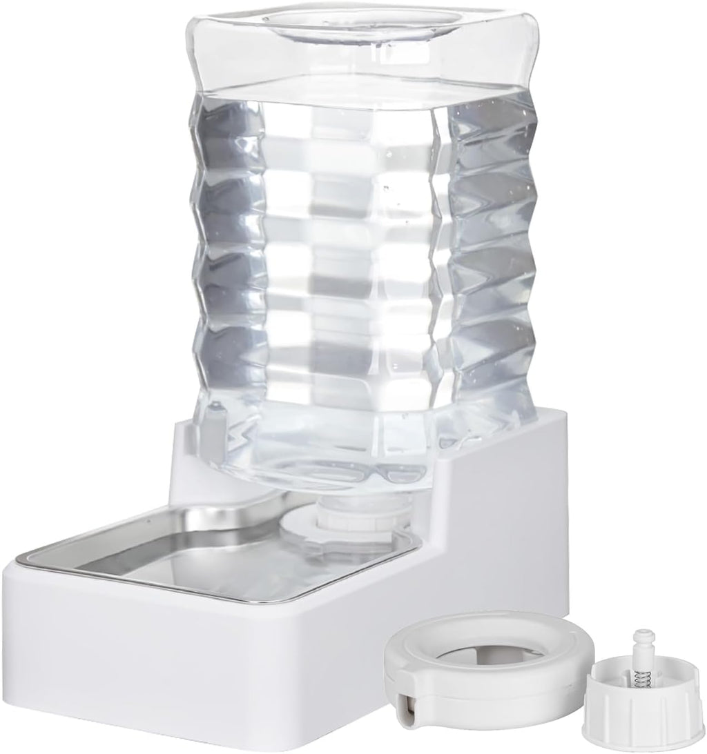 Dog Cat Water Dispenser: 8L White Upgraded Gravity Feeder with Stainless Steel Bowl - BPA-Free Large Capacity for Medium/Large Pets - Indoor & Outdoor Use