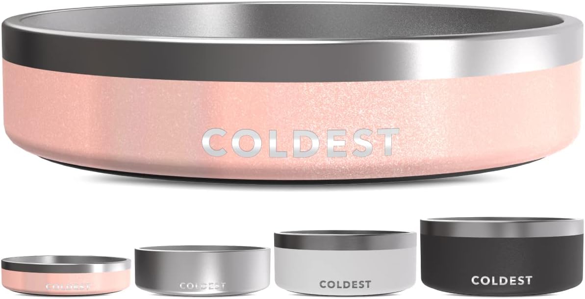 Coldest Dog Bowl - Anti Rust Metal, Non Slip, 3 Layers Insulated Stainless Steel Dog Bowls - Spill Proof & Heavy Duty - Water Bowl for Dogs, Cats & Pets, Dish Washer Safe (21 oz, Forever Pink Glitter)