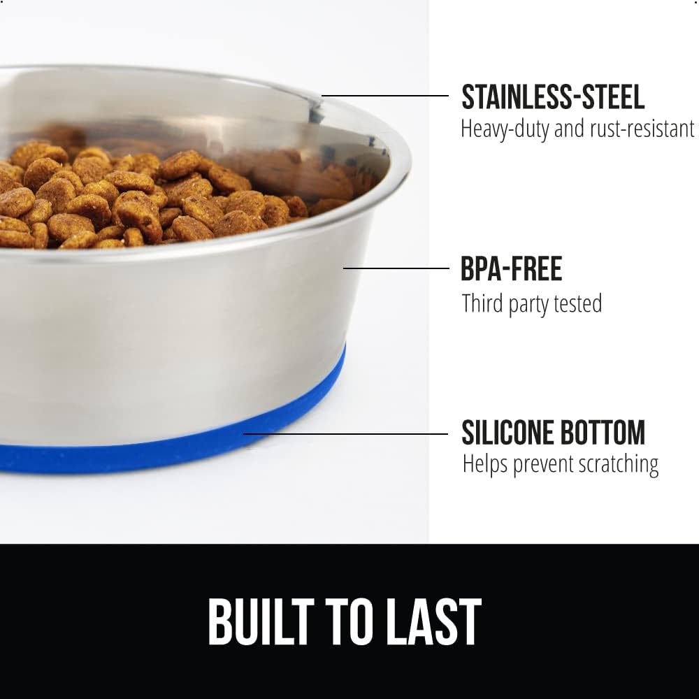 GORILLA GRIP Set of 2 Dog Bowls, Holds 6 Cups (48 fl oz), Heavy Duty Metal Food and Water Bowl for Feeding Dogs and Cats, Dishwasher Safe, Rust Resistant Stainless Steel, BPA Free Rubber Base, Blue