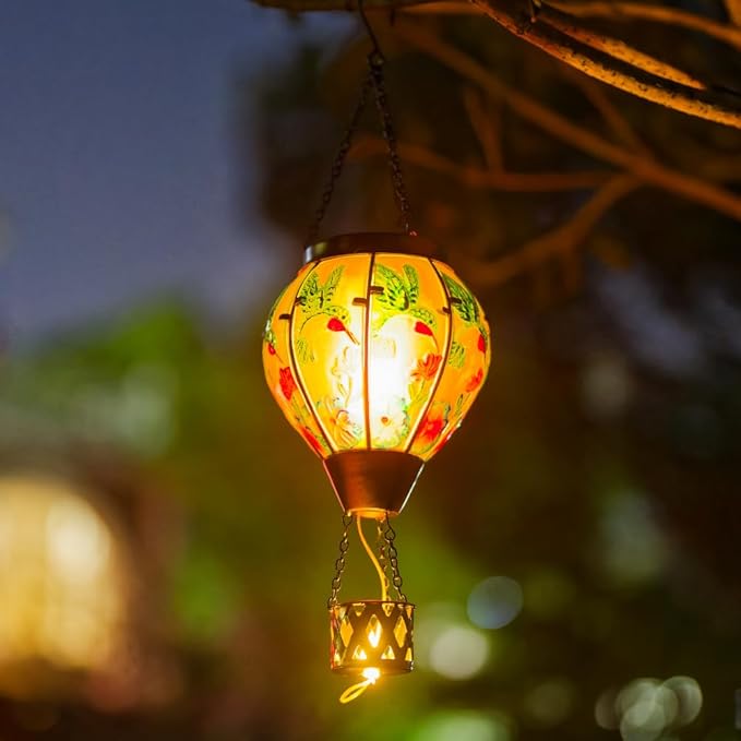 Starsoul Hummingbird Hot Air Balloon Solar Lantern with Candle Holder Glass Outdoor Solar Hot Air Balloon Flickering Flame Lamp Hanging Garden Light Waterproof for Lawn Porch Tree Yard Decorations