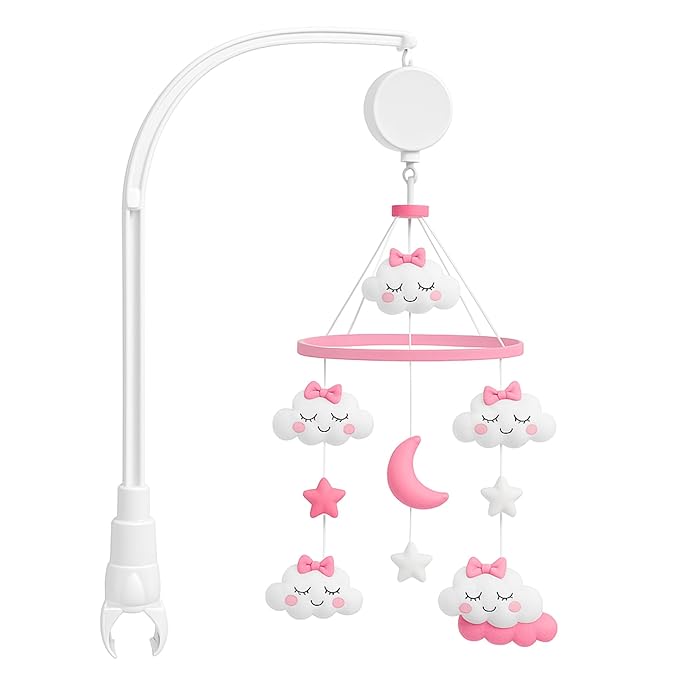 Baby Crib Mobile for Girls with Arm & Music Box | Pink Felt Clouds & Stars Design | Sensory & Soothing Nursery Decor for Baby Girls. Fits Most Cribs.