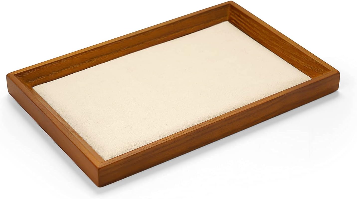 Oirlv Solid Wood Small Jewelry Tray Trade Showcase Countertop Jewelry Display Trays Rectangle Vanity Plate(Creamy-White, Small)