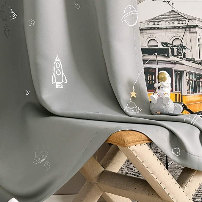 Vangao Grey Kids Curtains for Boys Bedroom Space Theme Blackout Curtains for Kids Nursery Girls Room 63 Inches Length Silver Foil Print Drapes Grommet Top Window Treatments Set 2 Panels