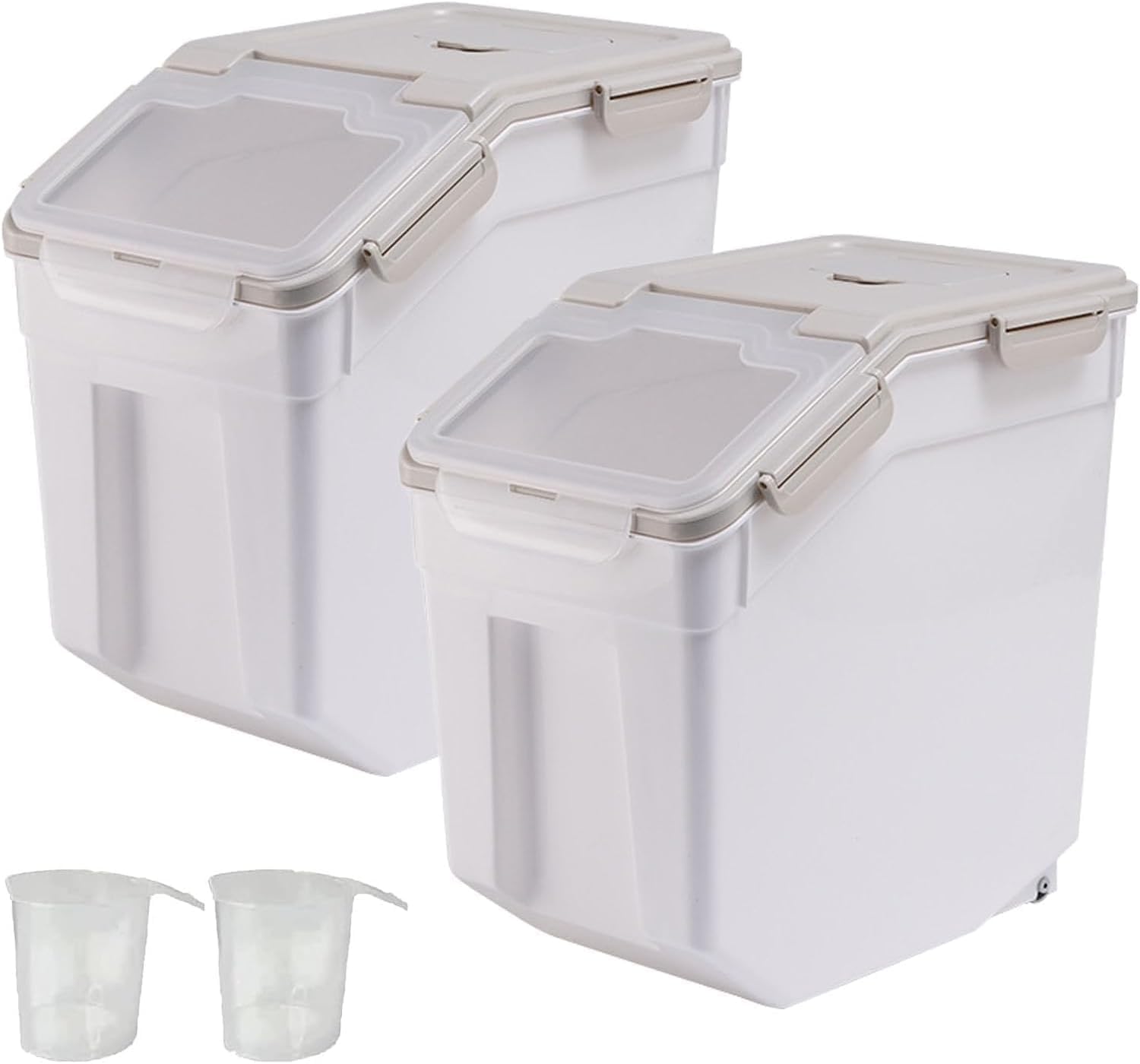 AnRui Rice Storage Container 50LB, Airtight Flour Storage Containers, Plastic Cereal Grain Dispenser Organizer Pet Food Storage Bin with Lid, Measuring Cup, Scoop, Gray, 2Pcs(Total Capacity:100LBS)