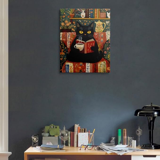 Funny Cute Black Cat Picture Wall Decor Framed Animal Reading Book Drinking Coffee Vintage Canvas Wall Art Rustic Flower Prints Poster Retro Floral Painting for Living Room Bathroom Bedroom (16"x24")