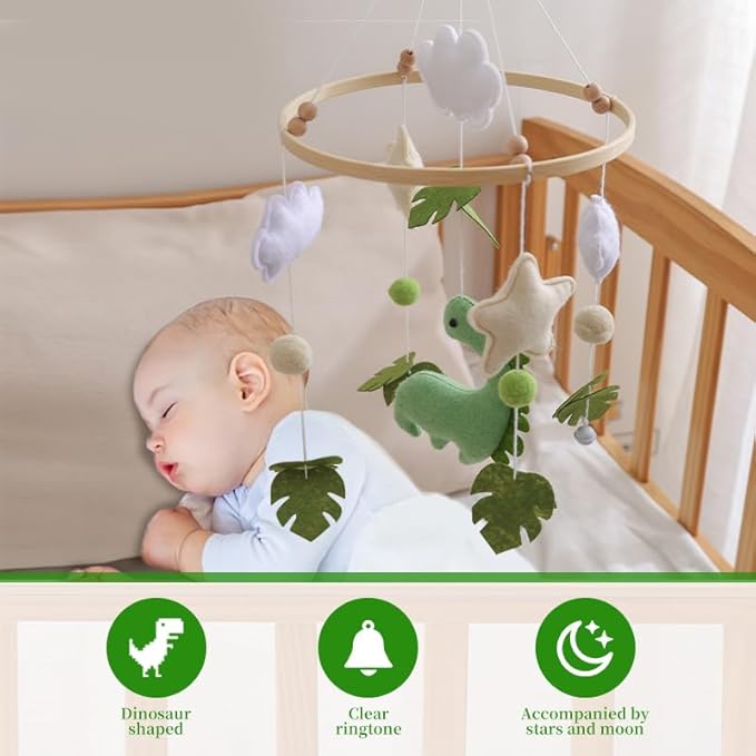 Dinosaur Baby Crib Mobile | Boys Nursery Decoration | Wooden Mobile for Crib | Dinosaur w/Bells Nursery Mobile Theme | Newborn Baby Stuff | Baby Shower Gift for Boys & Girls | Easy Assembly & Durable
