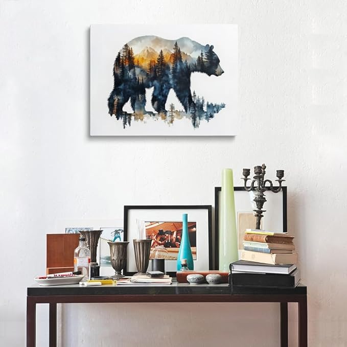 Bear Silhouette with Mountain Landscape Canvas Wall Art - Framed Nature Inspired Painting, Wildlife Forest Scene Wall Decor Artwork for Living Room, Cabin, Bedroom, Office (12x16 Inches)
