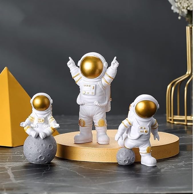 Gold White Astronaut Statues Set of 4, Spaceman Sculptures Figurines Space Theme Decor for Room Shelf Desk Cake Toppers