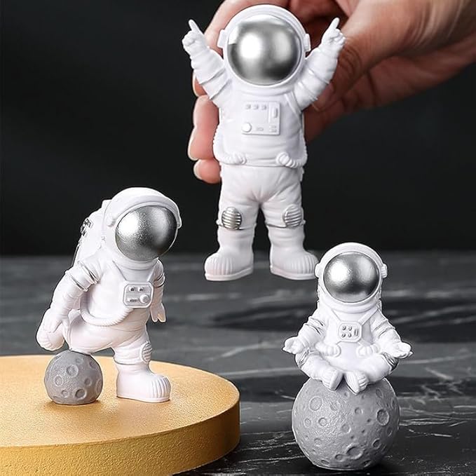 Silver White Astronaut Statues Set of 4, Spaceman Sculptures Figurines Space Theme Decor for Room Shelf Desk Cake Toppers