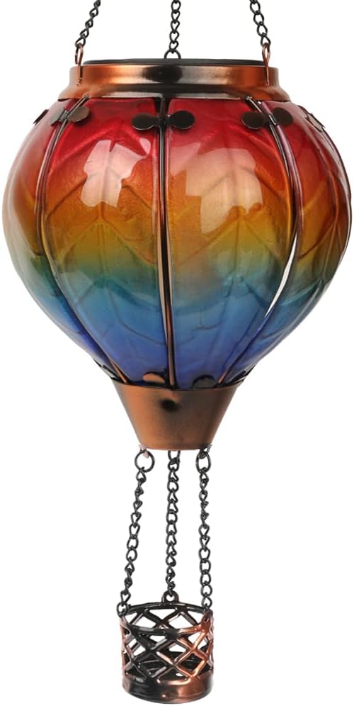 Hot Air Balloon Solar Lantern with Flickering Flame, Glass Hanging Garden Lights Outdoor Waterproof for Tree Yard Patio Mother's Day Gift, 18" H