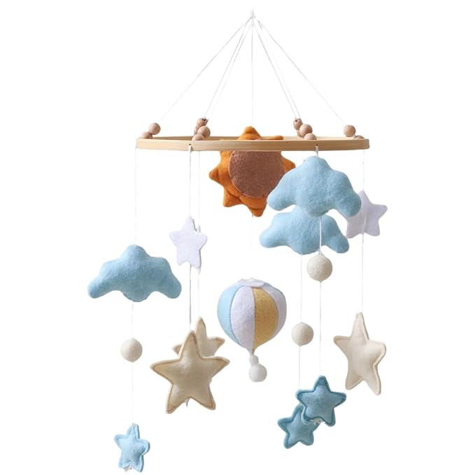 Handmade Sun Hot Air Balloon Crib Mobile with Felt Cloud, Star, and Balloon Toys, Safe and Soft for Baby Nursery, Ideal for Little Ones,