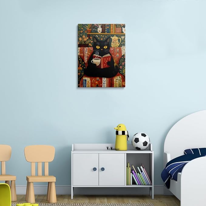 Funny Cute Black Cat Picture Wall Decor Framed Animal Reading Book Drinking Coffee Vintage Canvas Wall Art Rustic Flower Prints Poster Retro Floral Painting for Living Room Bathroom Bedroom (16"x24")