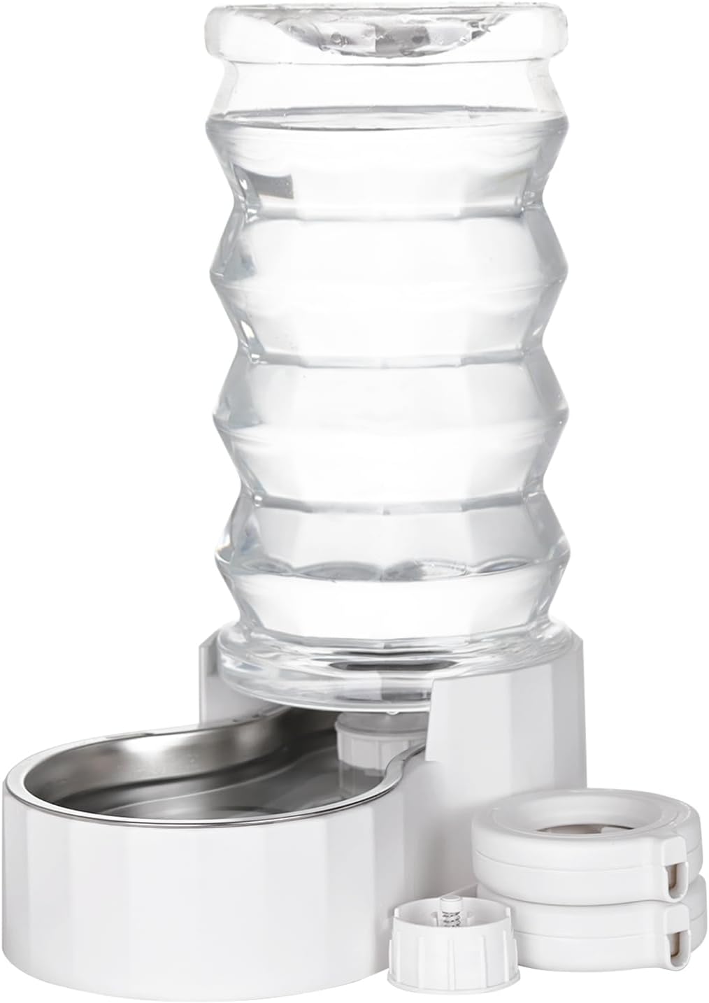 RIZZARI Large Gravity Water Dispenser: 8L Automatic Upgraded Water Feeder with Stainless Steel Bowl - Two Caps and Filters for Pets Indoor/Outdoor Use by Owners
