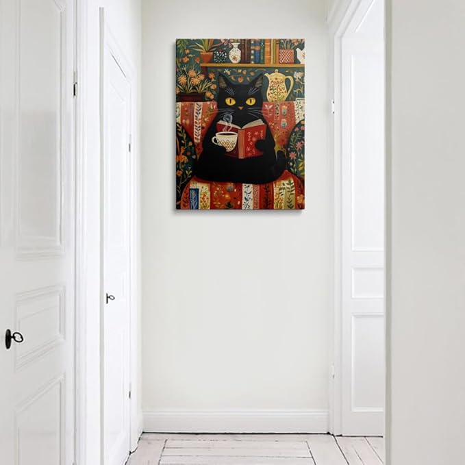 Funny Cute Black Cat Picture Wall Decor Framed Animal Reading Book Drinking Coffee Vintage Canvas Wall Art Rustic Flower Prints Poster Retro Floral Painting for Living Room Bathroom Bedroom (12"x16")