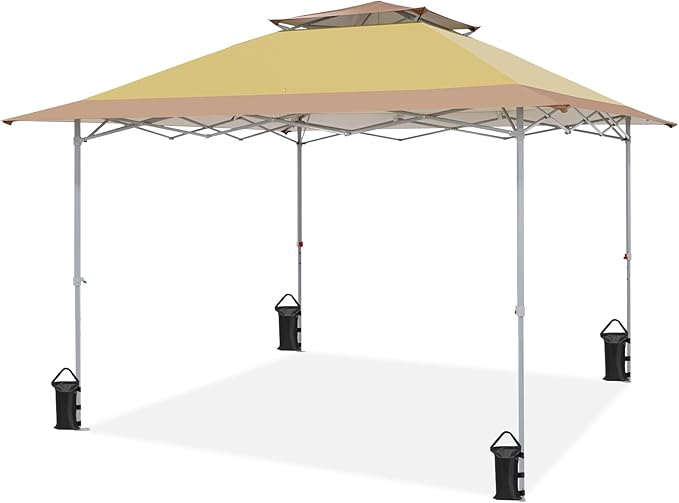 EAGLE PEAK 12x12 Pop up Canopy Tent, Easy Set up Folding Shelter with Auto Extending Awning 144 Square Feet Sun Shade, Beige