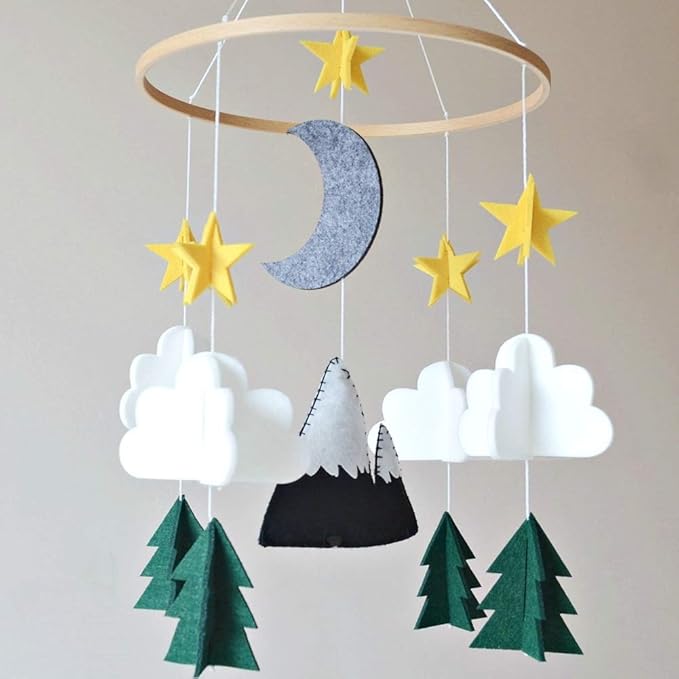 Baby Crib Mobile (Starry Woodland Night, Long Evergreen) Nursery Decor Ceiling Mobile for Boys & Girls - Crib Accessories