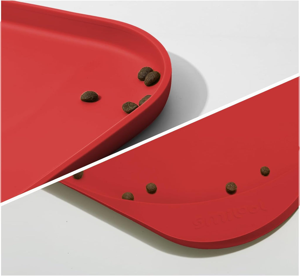 Silicone Pet Feeding Mat with Raised Edge & Residue Collection Pocket for Food and Water, Dog Bowl Mats, Cat Bowls Placemat with High Lip for Floor Waterproof, 24 x 16 x 0.8 Red