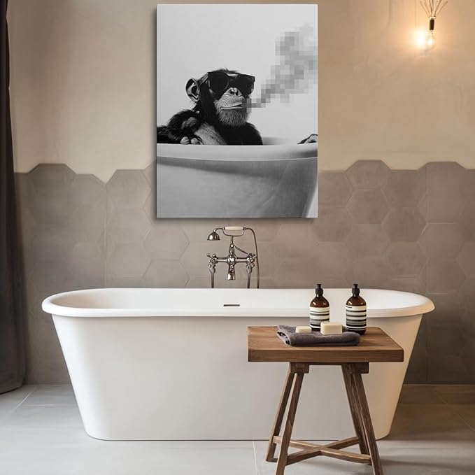 Funny Black and White Monkey Picture Wall Decor Framed Cool Chimpanzee Gorilla in Bathtub Canvas Wall Art Animal Prints Poster Modern Pop Fun Painting for Bathroom Living Room Bedroom (12"x16")