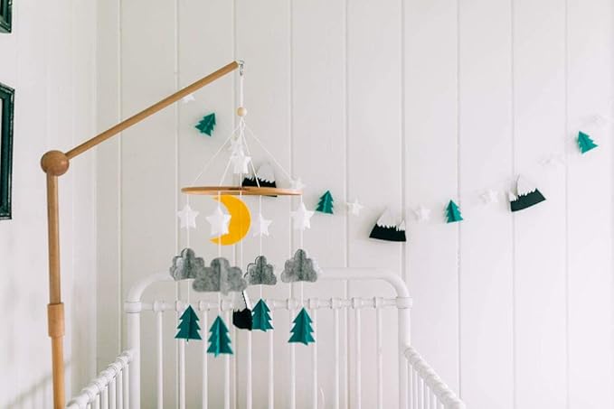 Sorrel + Fern Baby Crib Mobile (Starry Woodland Night w/Garland, Mint) - Nursery Decoration Crib Mobile and Baby Shower for Boys & Girls