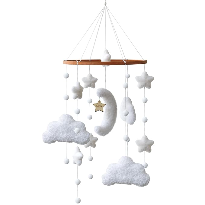 Boho Cloud Moon Crib Mobile Kids Room Accessory Baby Mobile for Crib Neutral Clouds, Moon & Stars Design Mobile for Boys & Girls