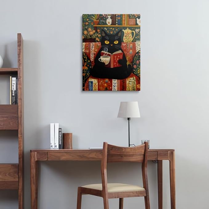 Funny Cute Black Cat Picture Wall Decor Framed Animal Reading Book Drinking Coffee Vintage Canvas Wall Art Rustic Flower Prints Poster Retro Floral Painting for Living Room Bathroom Bedroom (16"x24")