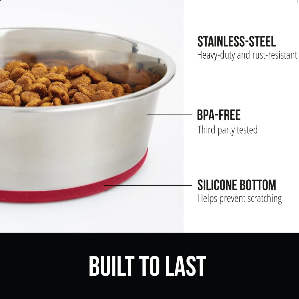 GORILLA GRIP Set of 2 Dog Bowls, Heavy Duty Metal Food and Water Bowl for Feeding Dogs and Cats, Dishwasher Safe, Rust Resistant Stainless Steel, BPA Free Rubber Base, Holds 2 Cups (16 fl oz), Red