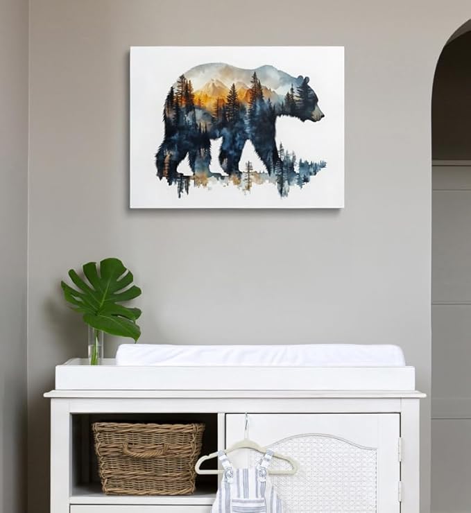 Bear Silhouette with Mountain Landscape Canvas Wall Art - Framed Nature Inspired Painting, Wildlife Forest Scene Wall Decor Artwork for Living Room, Cabin, Bedroom, Office (12x16 Inches)
