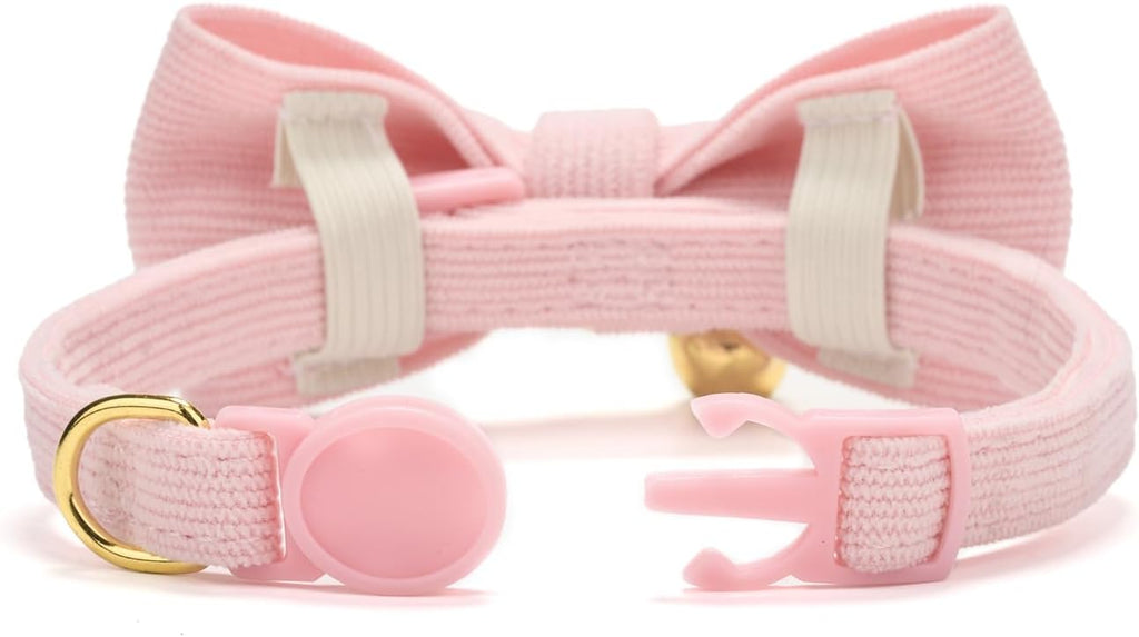2 Pack Soft Corduroy Cat Collars with Bow Tie & Bell, Adjustable Breakaway Cotton Kitty Bowtie Collar for Female Male Cats(Grass Green & Pink)
