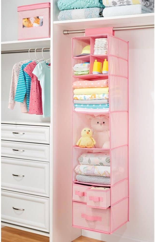 mDesign Fabric Hanging Organizer - Over Closet Rod Storage with 7 Shelves and 3 Removable Drawers for Baby Nursery or Bedroom Organization - Holds Clothes, Linens, Toys, Accessories - Pink Herringbone