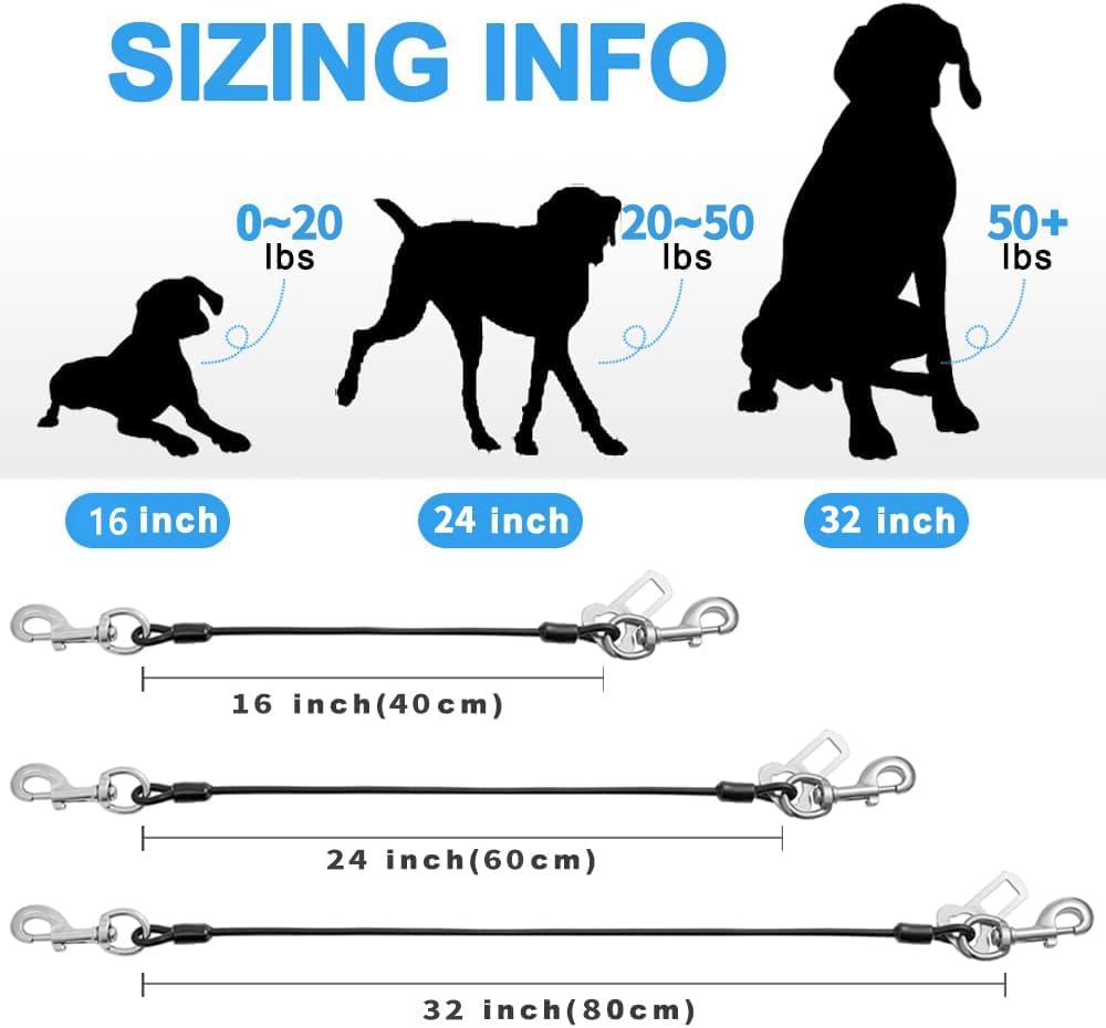 Dog Seat Belt Harness for Car,2pcs Dog Seatbelt of Coated Wire Leash Safety Restraint,No Chew Tether Cable Vehicle Dog Accessories,Double Clips & Latch (2 Pack Red+Blue, 24 inch/60 CM)