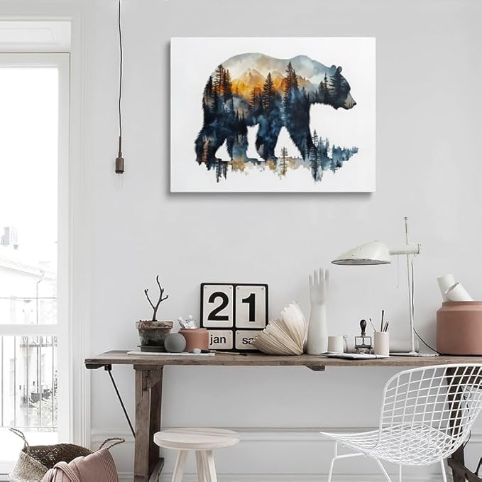 Woodland Bear Silhouette Canvas Wall Art - Framed Nature Painting Print, Mountain Forest Wildlife Wall Decor Artwork and Posters for Cabin, Living Room, Bedroom, Office (16x24 Inches)
