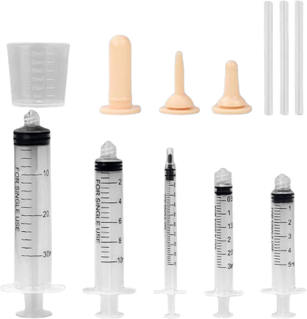 Suxgumoe Pet Feeding Bottle Set, Feeding Silicone Nipple with Bottle and Syringes, Reusable Pet Nursing Kits Feeding Tools for Rabbits, Small Animals (3 Nipples+5 Syringes + 1 Measuring Cup)
