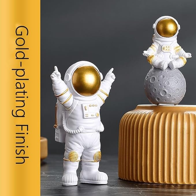 Gold White Astronaut Statues Set of 4, Spaceman Sculptures Figurines Space Theme Decor for Room Shelf Desk Cake Toppers