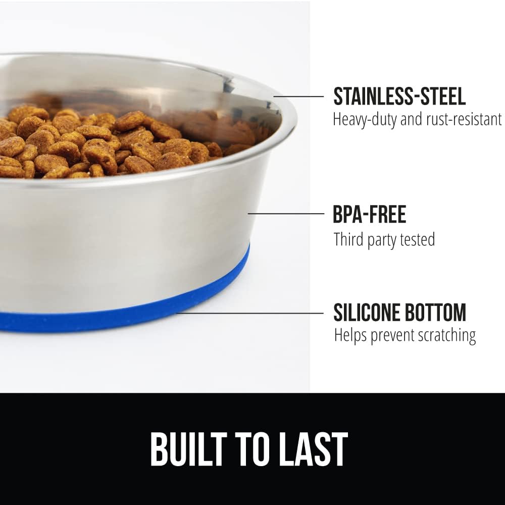 GORILLA GRIP Set of 2 Dog Bowls, Heavy Duty Metal Food and Water Bowl for Feeding Dogs and Cats, Dishwasher Safe, Rust Resistant Stainless Steel, BPA Free Rubber Base, Holds 1 Cup (8 fl oz), Blue